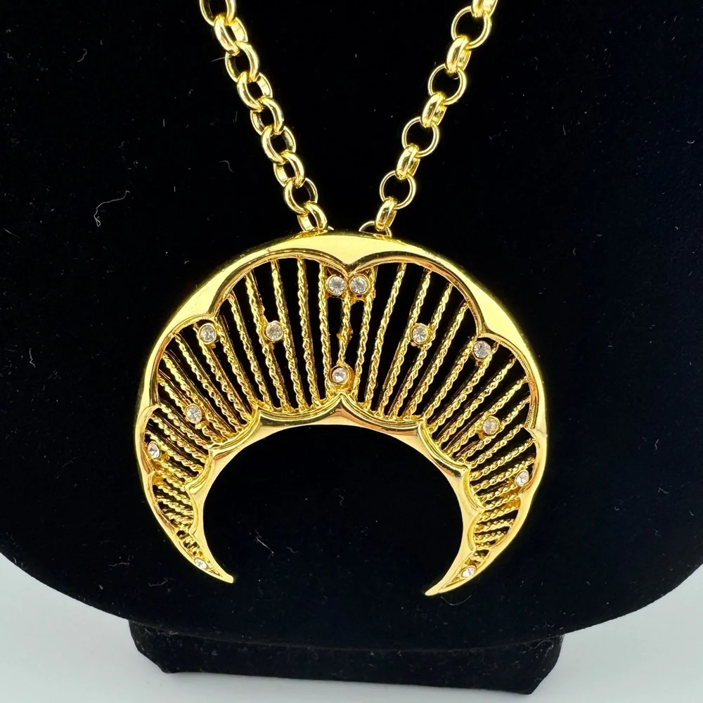 Sparkling Gold Tone Crescent Moon Pendant Necklace | Celestial | Statement - Picture 3 of 11